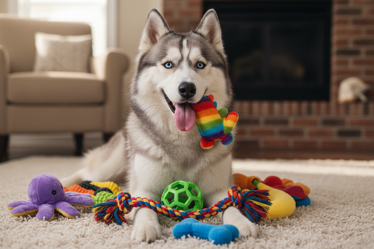 Dog husky with toys